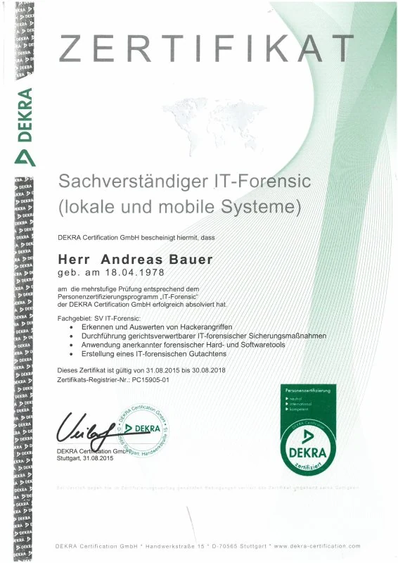 dekra zertifikat sachverstaendiger it forensik andreas bauer
