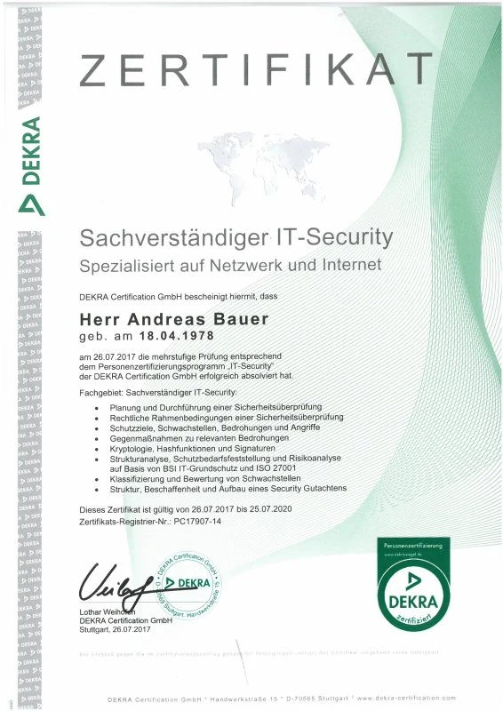 dekra zertifikat sachverstaendiger it security andreas bauer