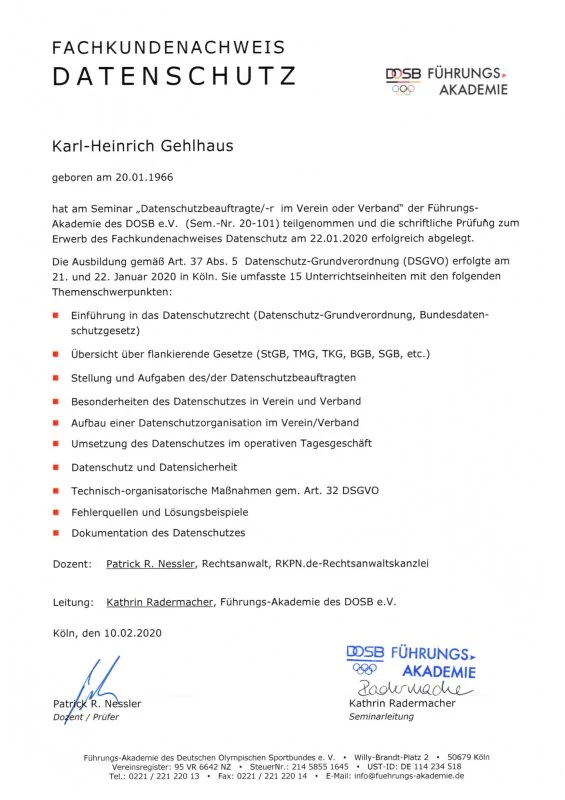 fachkundenachweis datenschutzbeauftragter dsgvo karl heinrich gehlhaus