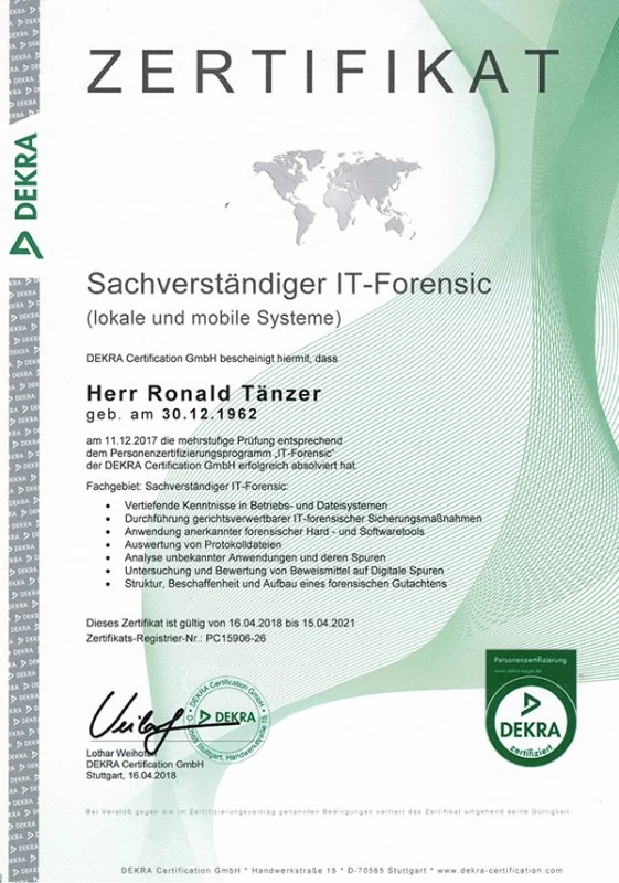 zertifikat it forensik ronald taenzer